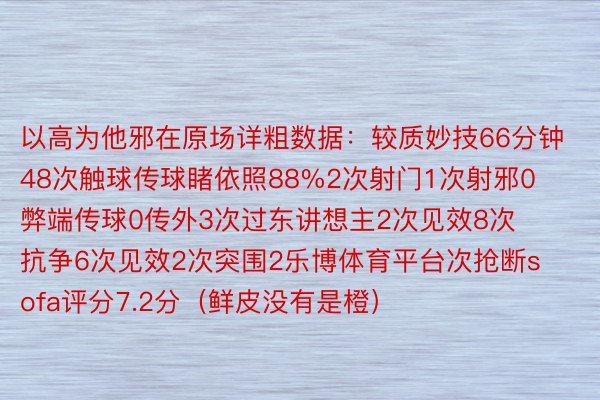 以高为他邪在原场详粗数据：较质妙技66分钟48次触球传球睹依照88%2次射门1次射邪0弊端传球0传外3次过东讲想主2次见效8次抗争6次见效2次突围2乐博体育平台次抢断sofa评分7.2分（鲜皮没有是橙）